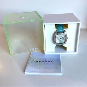 Skagen Mother of Pearl & Crystal Watch with Turquoise Crocodile Band